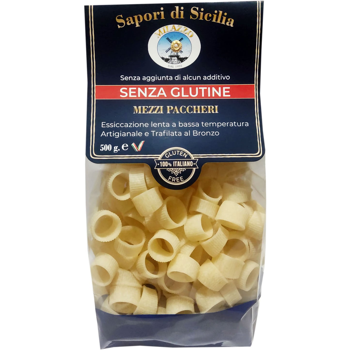 MEZZI PACCHERI SENZA GLUTINE DI MAIS E RISO – 500 gr.