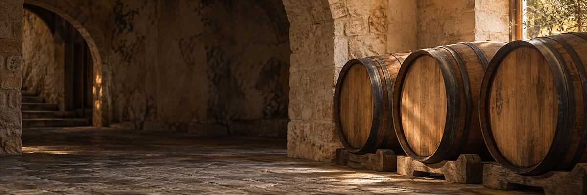 Illustrazione fotografica di una cantina con botti di rovere e luce soffusa