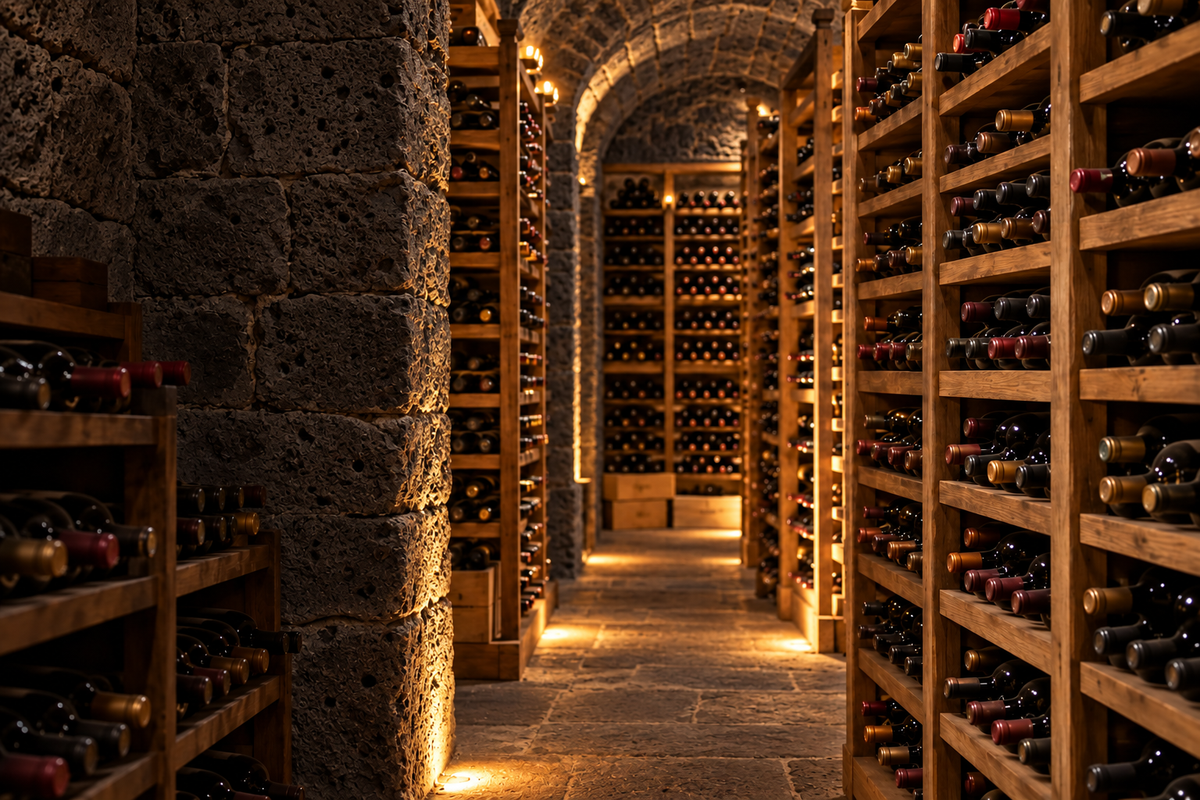 Immagine illustrativa di una cantina in pietra lavica con scaffali di bottiglie