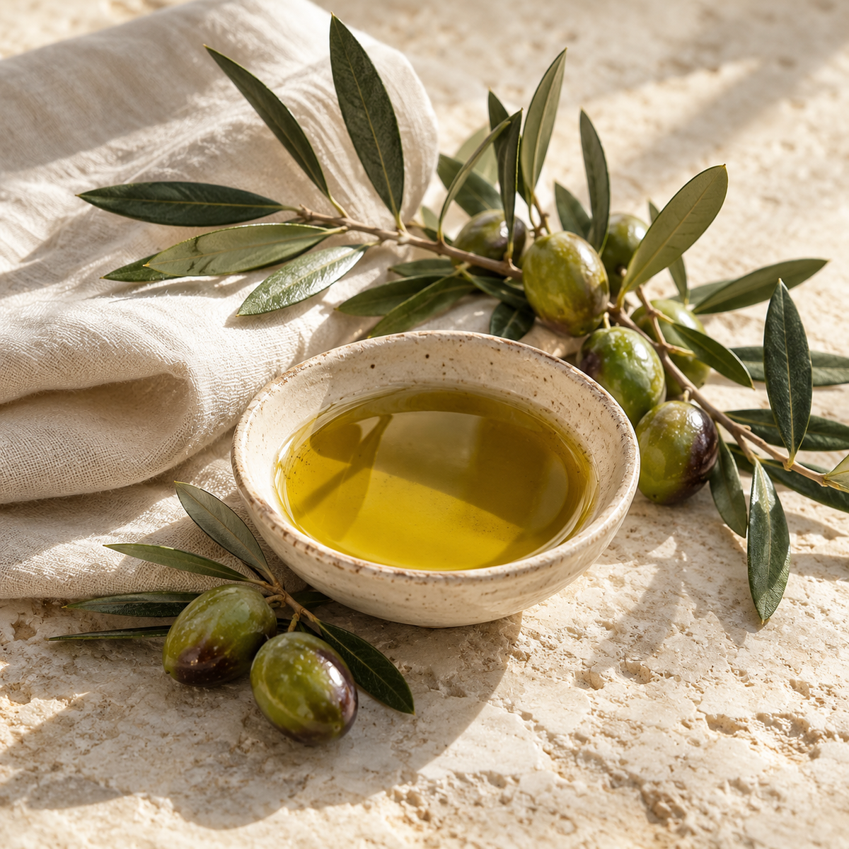 Composizione editoriale con olio extravergine e olive
