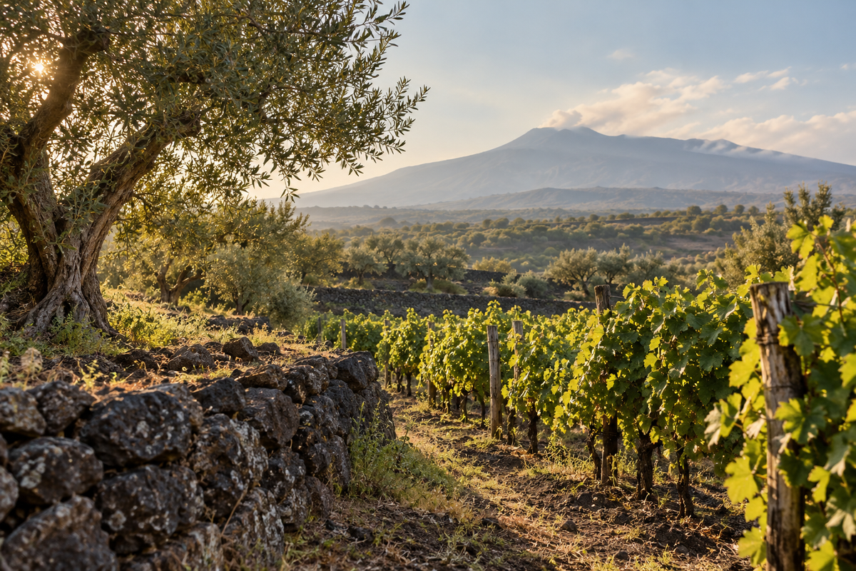 Paesaggio illustrativo ispirato a vigneti e uliveti siciliani