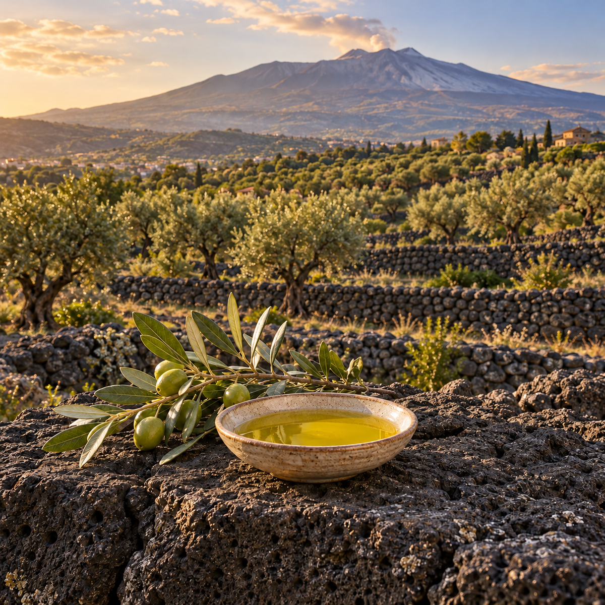 Scena illustrativa con una ciotola di olio extravergine e olive su pietra lavica, ulivi e l’Etna sullo sfondo
